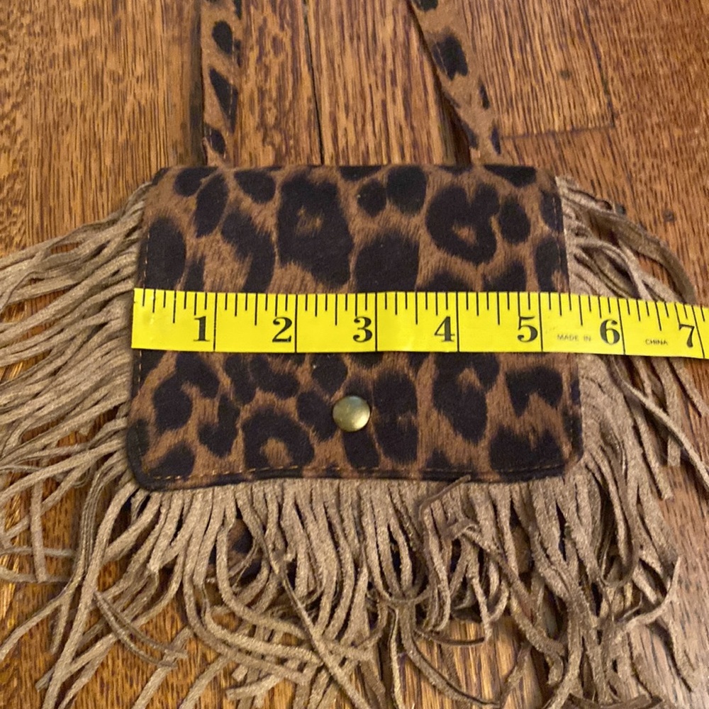Long Strap Brown & Black Fringe Leopard Print Mini Purse - Picture 5 of 9